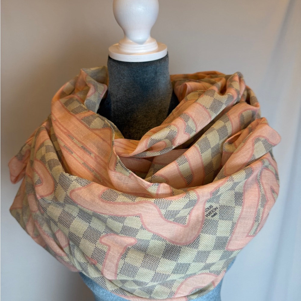LOUIS VUITTON Vintage Damier Azur Tahitienne Scarf Wrap Pink Cream Gray